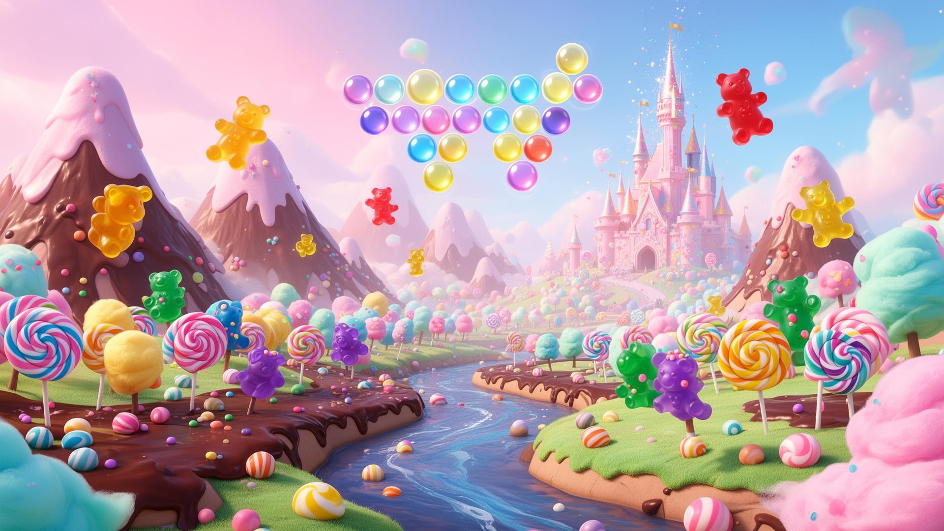 Candy Land world with chocolate rivers and a candy castle